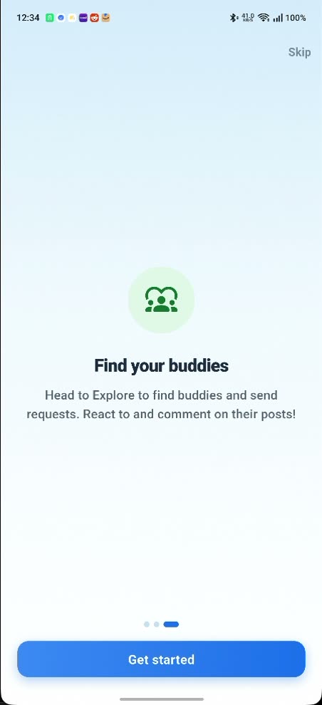 An onboarding card in the child's app headed Find your buddies, reading Head to Explore to find buddies and send requests. React to and comment on their posts!