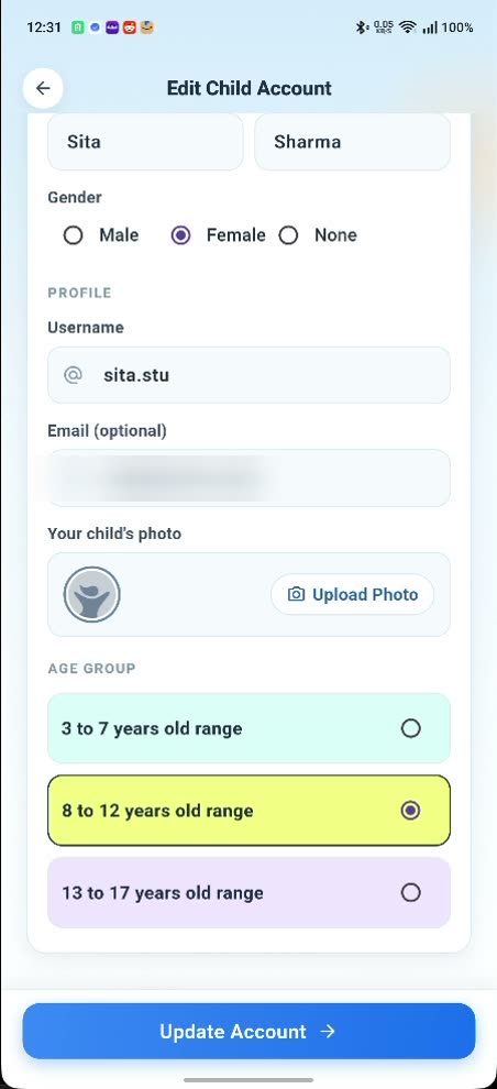The Edit Child Account screen: first and last name, gender, a username, an email field marked optional, an Upload Photo button, and the age group options 3 to 7, 8 to 12 and 13 to 17 with 8 to 12 selected.
