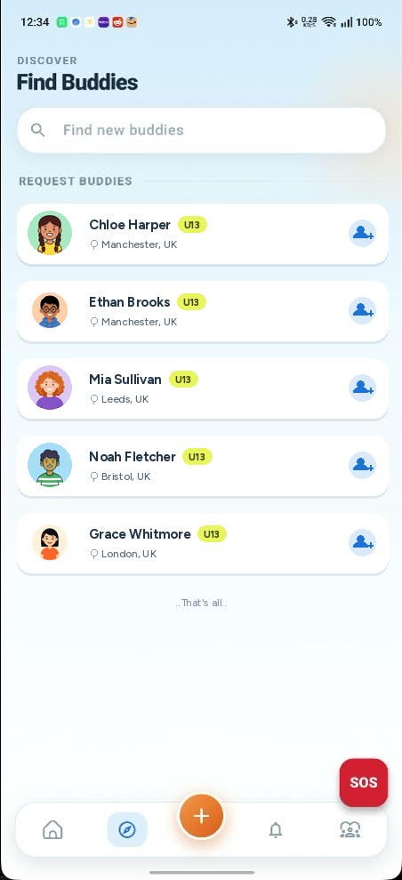 The Find Buddies screen in the child's app, listing other children of the same age with their photo, name, U13 badge and city, and an add button beside each one.