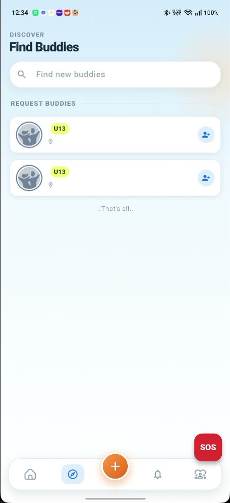 The Find Buddies screen in the child's app, listing other children with an add button beside each one.