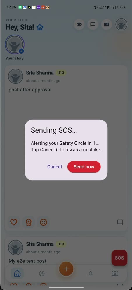 The SOS confirmation dialog in the child's app: Sending SOS, alerting your Safety Circle, with Cancel and Send now buttons over the dimmed feed.