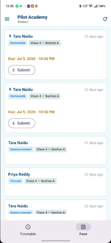 A student's class feed at Pilot Academy: posts from their teacher labeled Homework, Announcement and Circular, each tagged Class 4 — Section A, with a due date and a Submit button on the homework.