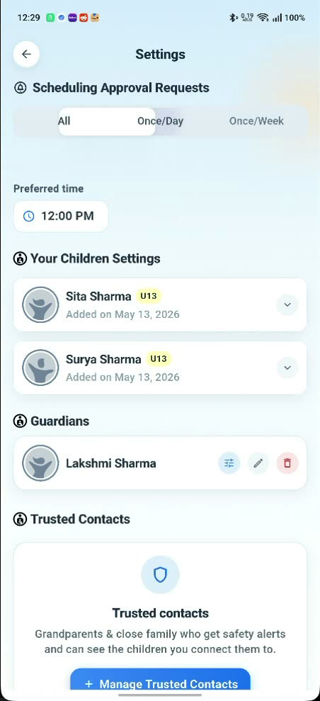 The parent Settings screen: a Scheduling Approval Requests control offering All, Once/Day and Once/Week with Once/Day selected, a preferred time of 12:00 PM, and below it Your Children Settings, Guardians and Trusted Contacts.