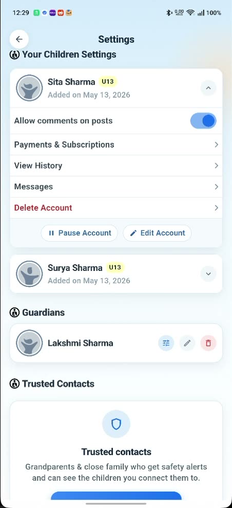 The Your Children Settings screen: a card for Sita Sharma with an Allow comments on posts toggle, Payments and Subscriptions, View History, Messages, Delete Account, and Pause Account and Edit Account buttons.