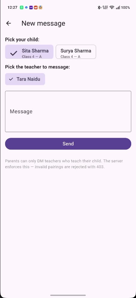 The New message screen in the parent's app: pick your child from your children, then pick the teacher to message, with a message box and a Send button.