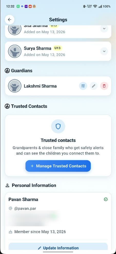 The lower half of the parent Settings screen: a Guardians section listing a second parent, and a Trusted Contacts card describing grandparents and close family who get safety alerts and can see the children you connect them to.