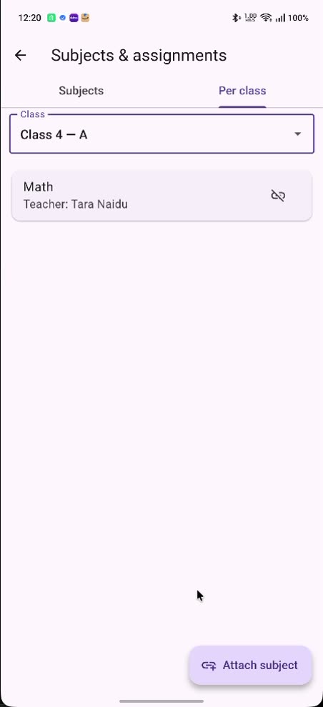The Subjects and assignments screen on the Per class tab, with Class 4 — A selected and Math assigned to Teacher Tara Naidu, above an Attach subject button.