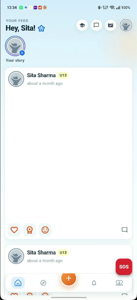 A child's YoungCreator feed: the greeting Hey, Sita!, a story ring, their own posts badged U13 with reaction buttons, and a red SOS button above the tab bar.