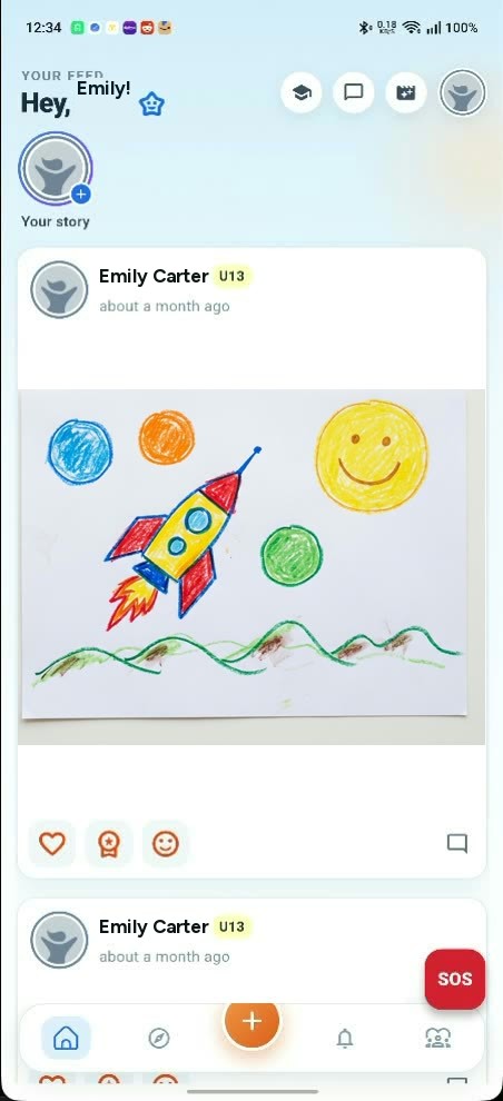 A child's YoungCreator feed, with their story ring, a drawing they posted once it was approved, and a red SOS button.