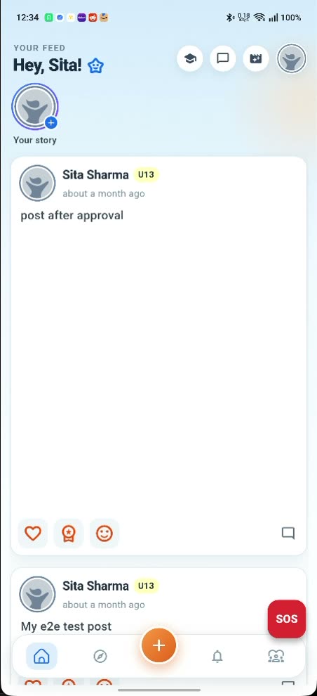 A child's YoungCreator feed, with their story ring, their own approved posts and a red SOS button.