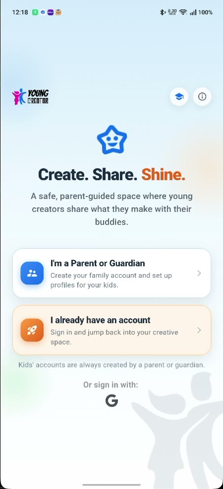 The YoungCreator welcome screen: Create. Share. Shine., with a Parent or Guardian sign-up option and the line Kids' accounts are always created by a parent or guardian.