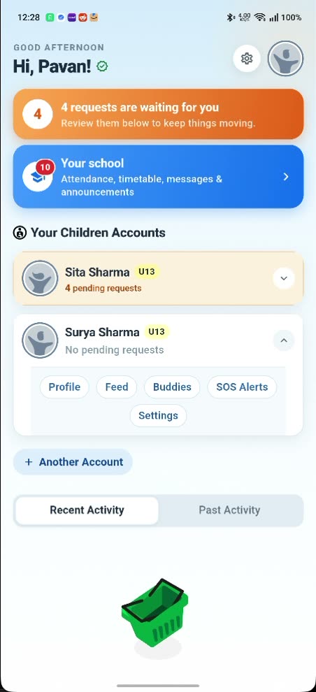 A parent's YoungCreator dashboard showing four requests waiting for review and a card for each child.