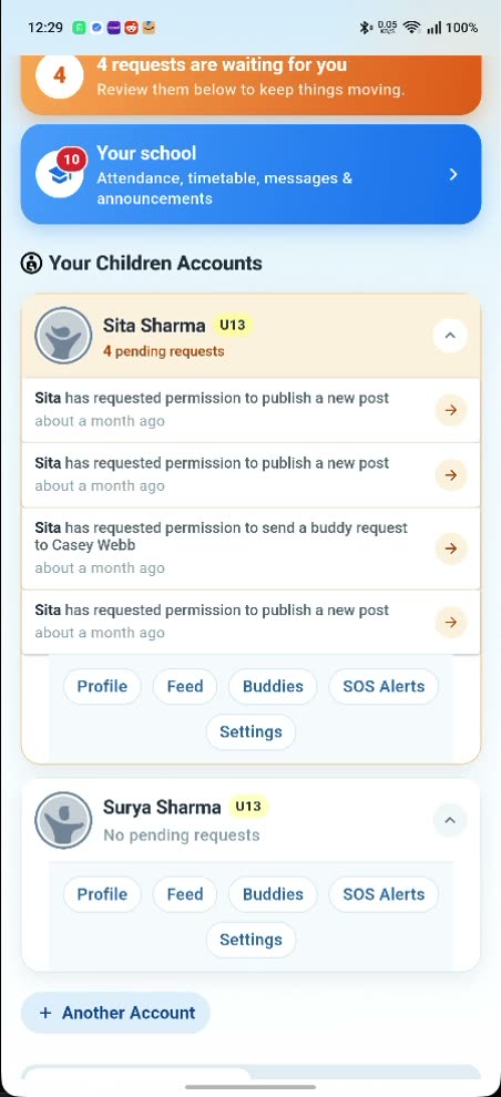 A parent's pending request list: Sita has requested permission to publish a new post, and to send a buddy request to Casey Webb.
